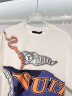 White Louis Vuitton T-shirt close-up of front graphic with LV logos
