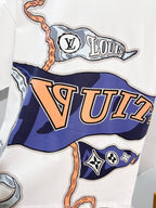 White Louis Vuitton T-shirt close-up of large colorful 'VUI' graphic print
