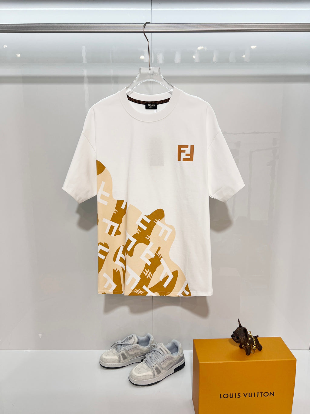 Fendi short-sleeve T-shirt in white with FJ logo and gold graphic print