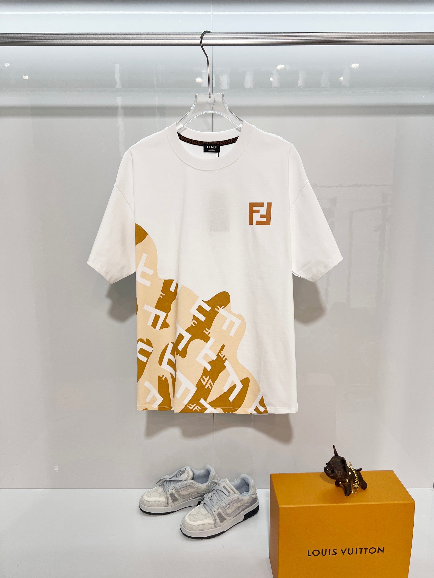 Fendi short-sleeve T-shirt in white with FJ logo and gold graphic print