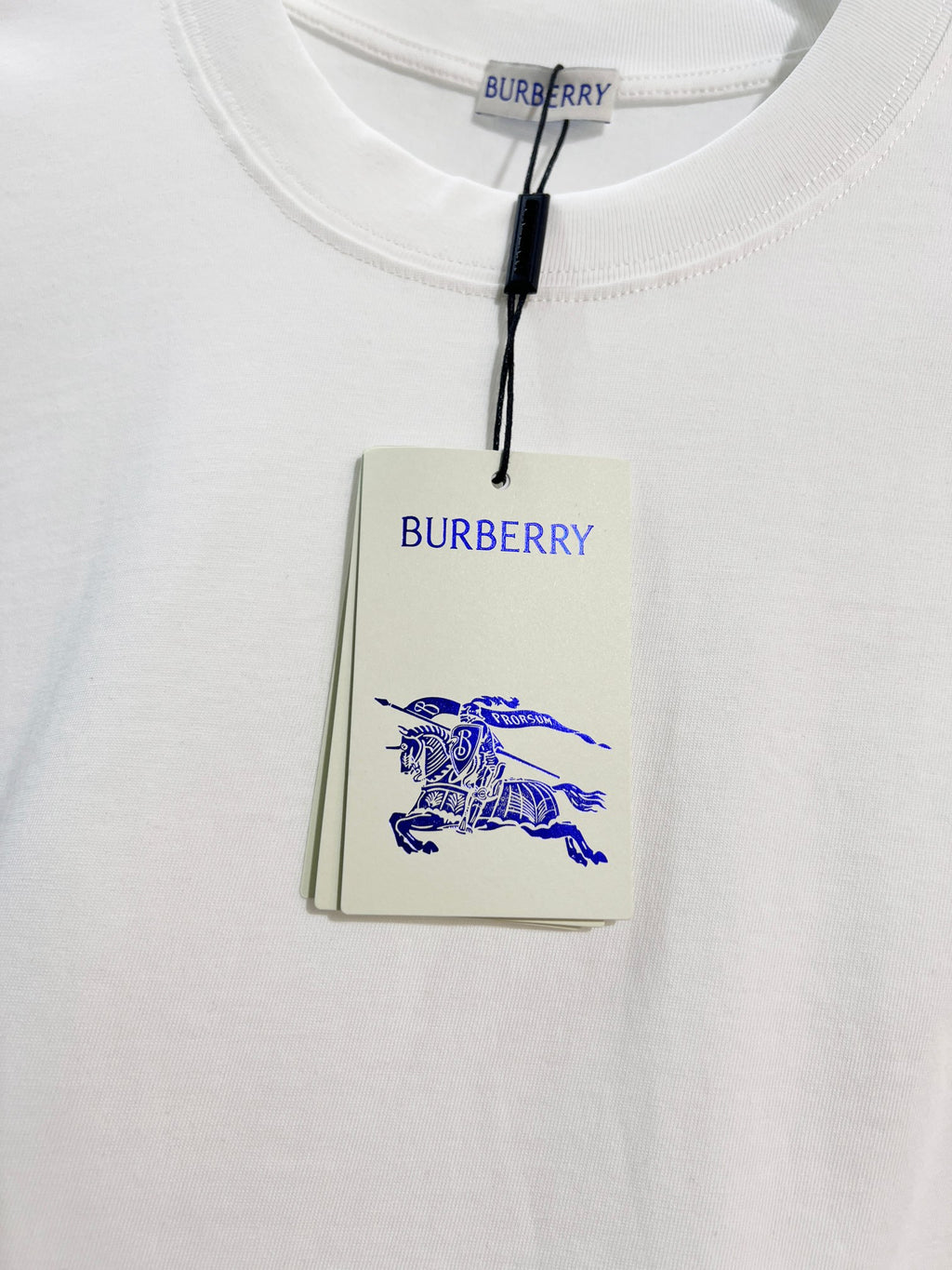 Burberry short-sleeve T-shirt with blue horse graphic on hang tag