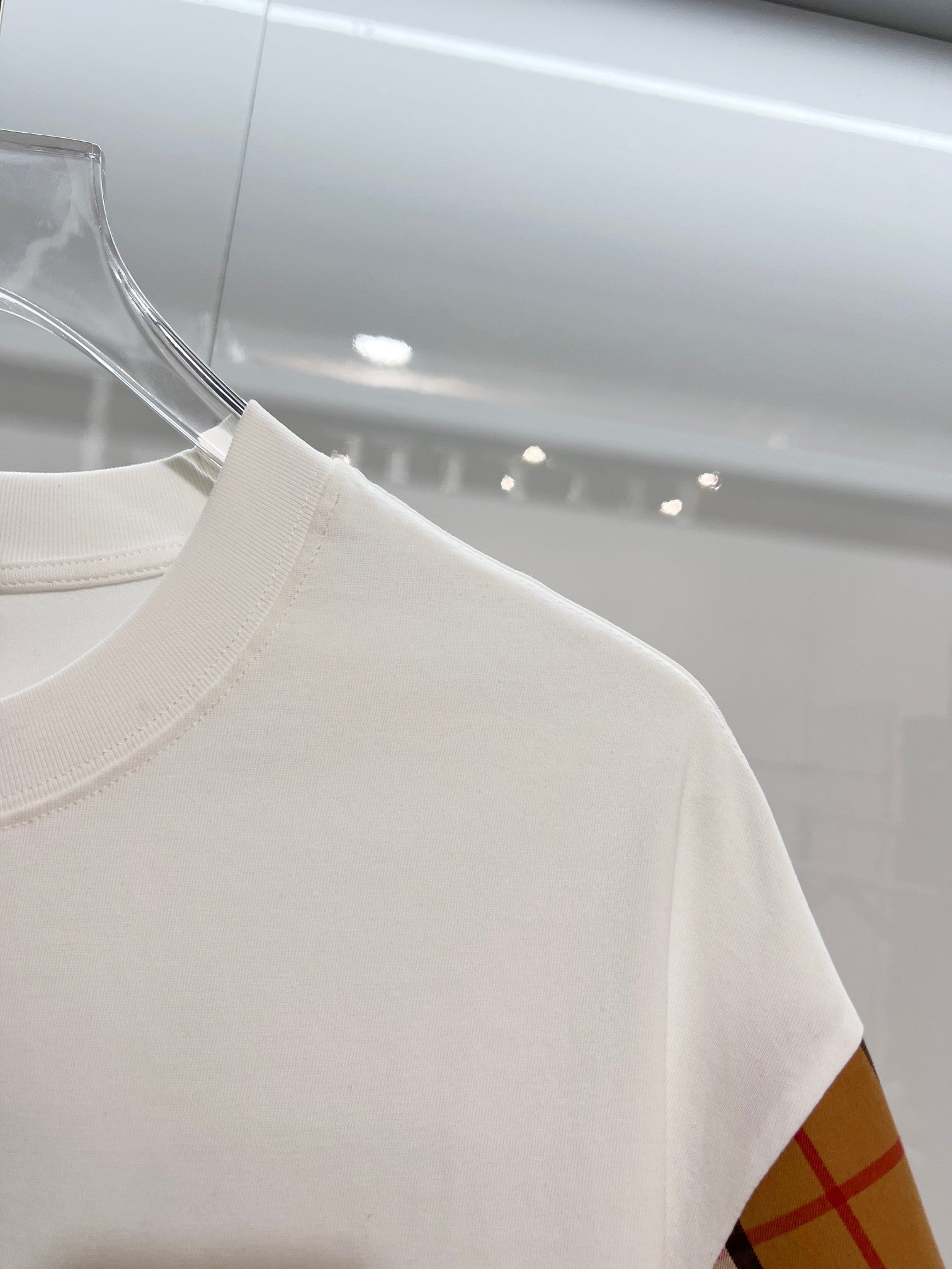 Burberry short-sleeve T-shirt, white with plaid sleeve section
