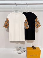Burberry short-sleeve top, cream and black with plaid check sleeves