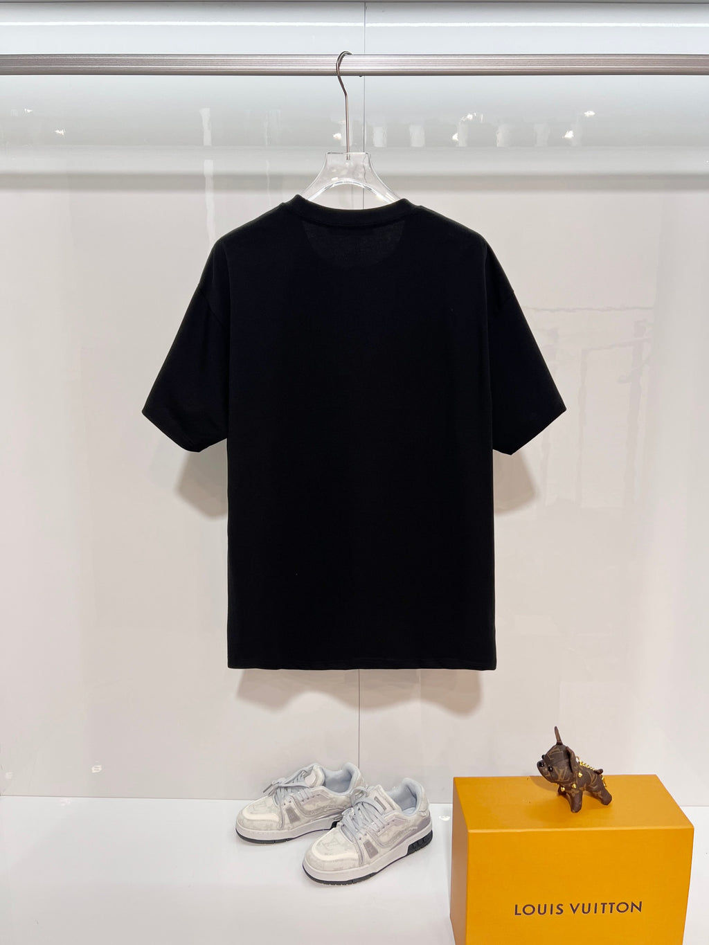 Louis Vuitton black T-shirt front view with round crew neck and short sleeves