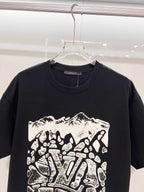 Louis Vuitton black T-shirt close-up of front logo graphic and crew neckline