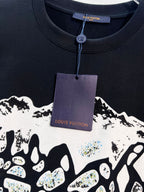 Louis Vuitton black T-shirt with hanging tag and partial white logo graphic