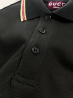 Gucci black polo shirt button placket with striped collar edge