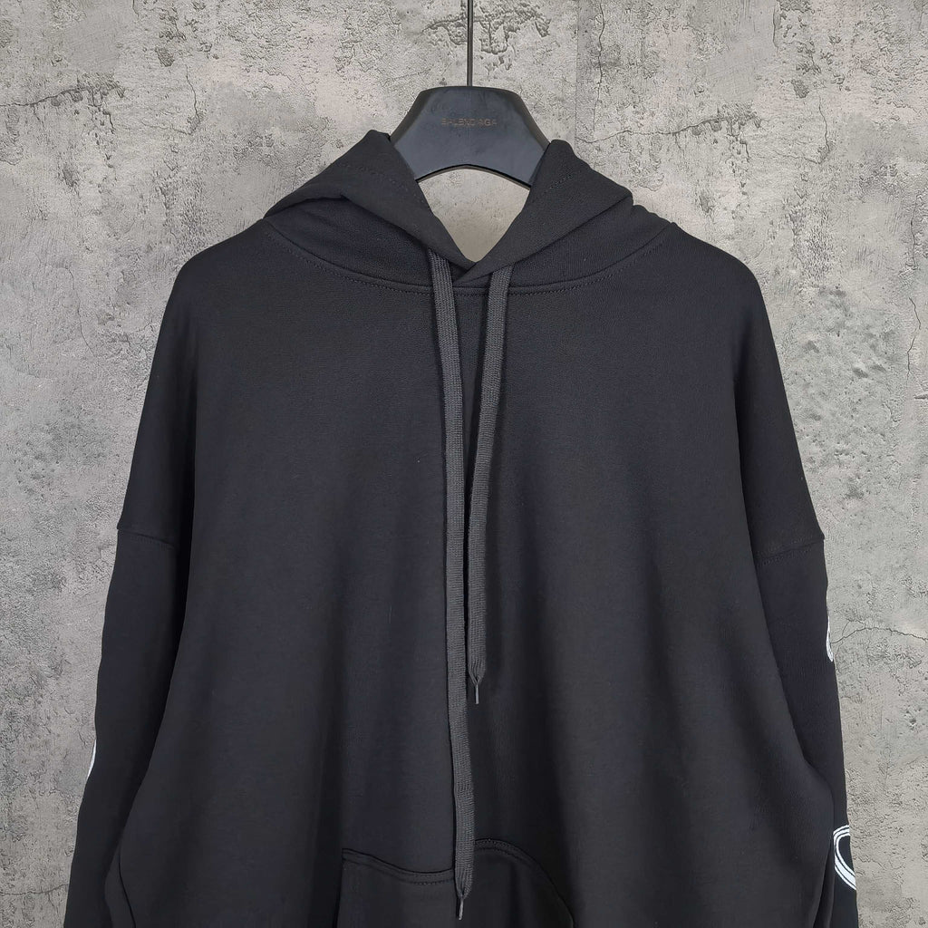 Balenciaga black hoodie front view with hood and drawstring, no visible logo