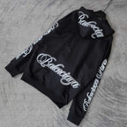 Balenciaga black hoodie with back logo and logo text along the sleeves