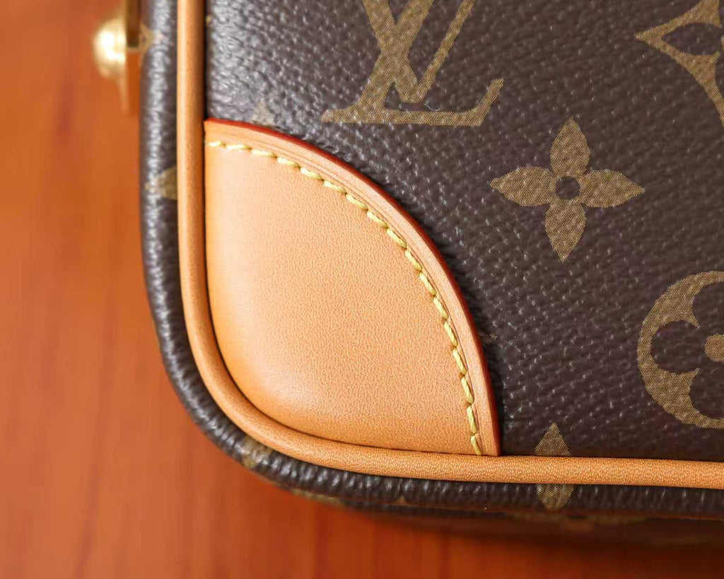 Louis Vuitton bag corner with tan leather trim and visible stitching on monogram canvas