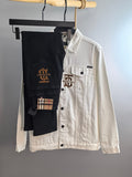 Burberry long-sleeve jacket in white with button front, flap chest pockets and logos