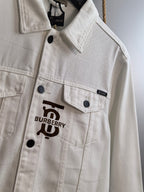 Burberry long-sleeve jacket in white with large front logo print and button placket