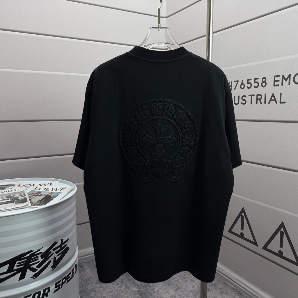 Black short-sleeve T-shirt with large circular front logo