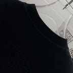 Black short-sleeve T-shirt crew neck and shoulder seam close-up