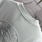 Light T-shirt neckline with partial circular embroidered crest logo.