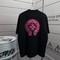 Black short-sleeve T-shirt with pink embroidered circular logo on chest