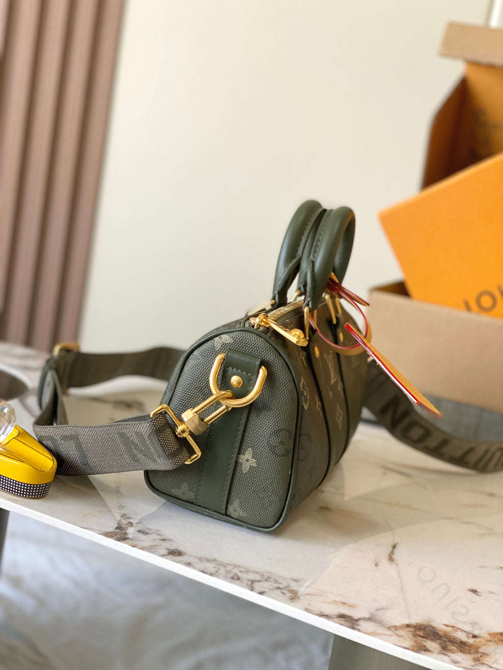 Louis Vuitton green monogram mini handbag with detachable shoulder strap and gold hardware