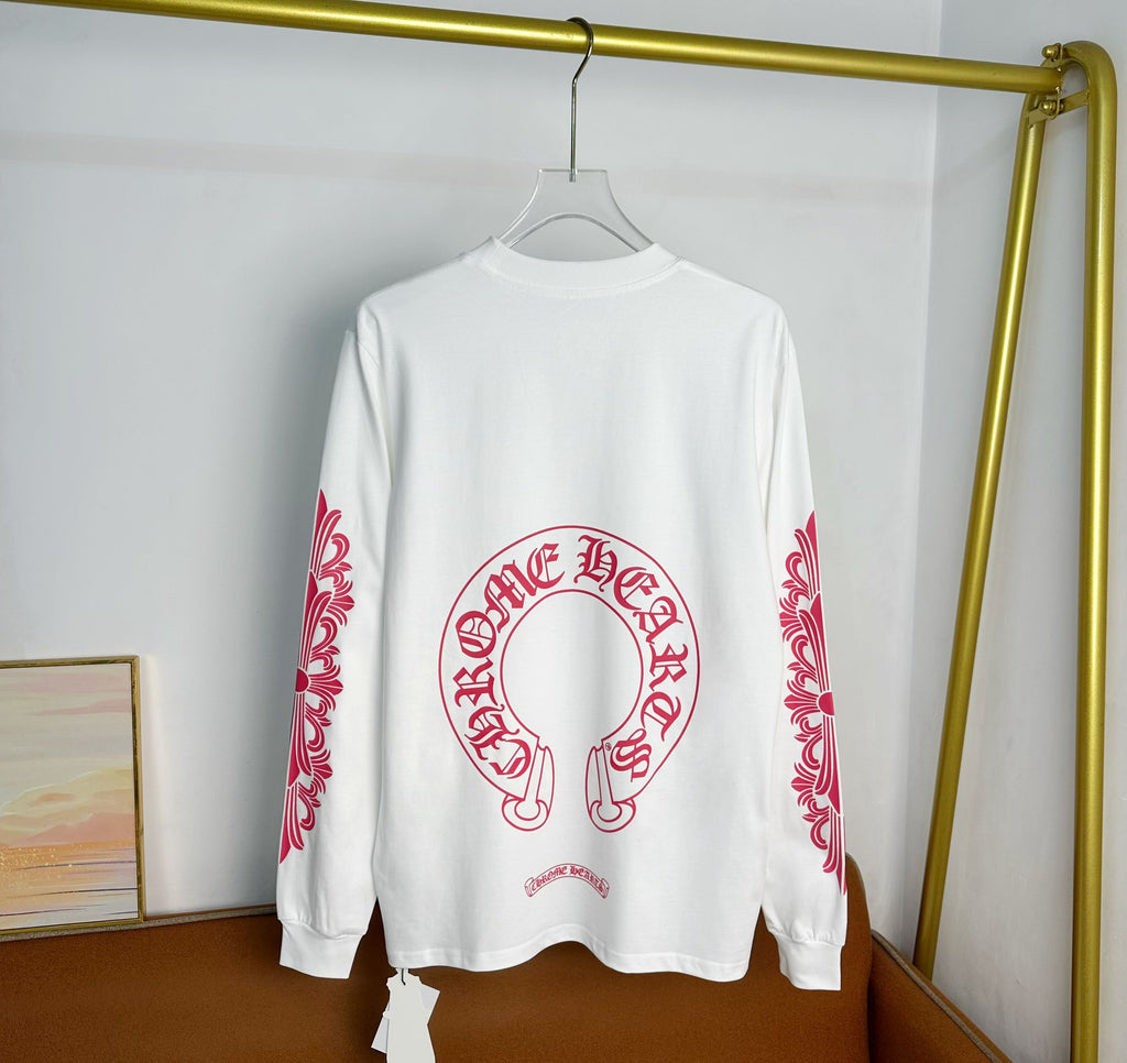 White long-sleeve T-shirt with large red circular back emblem
