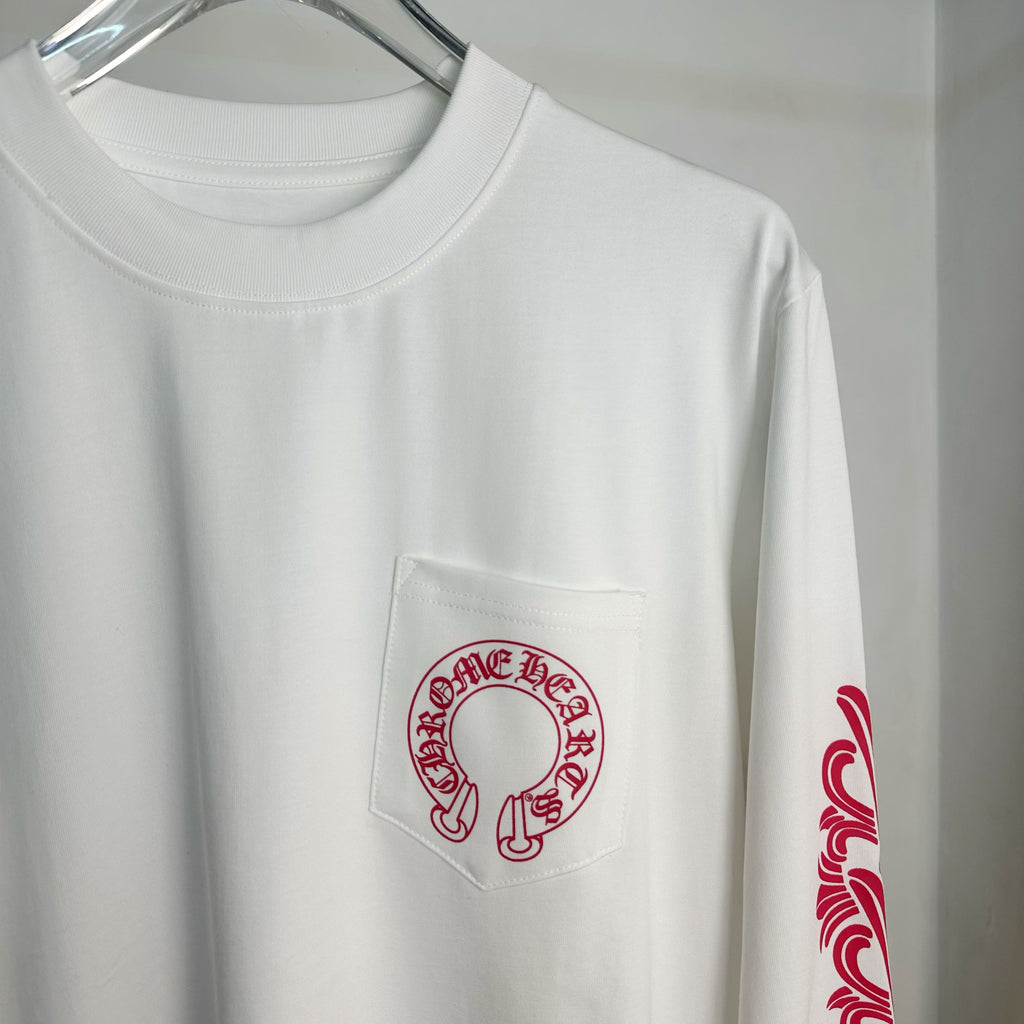 White long-sleeve T-shirt with chest pocket and red circular logo