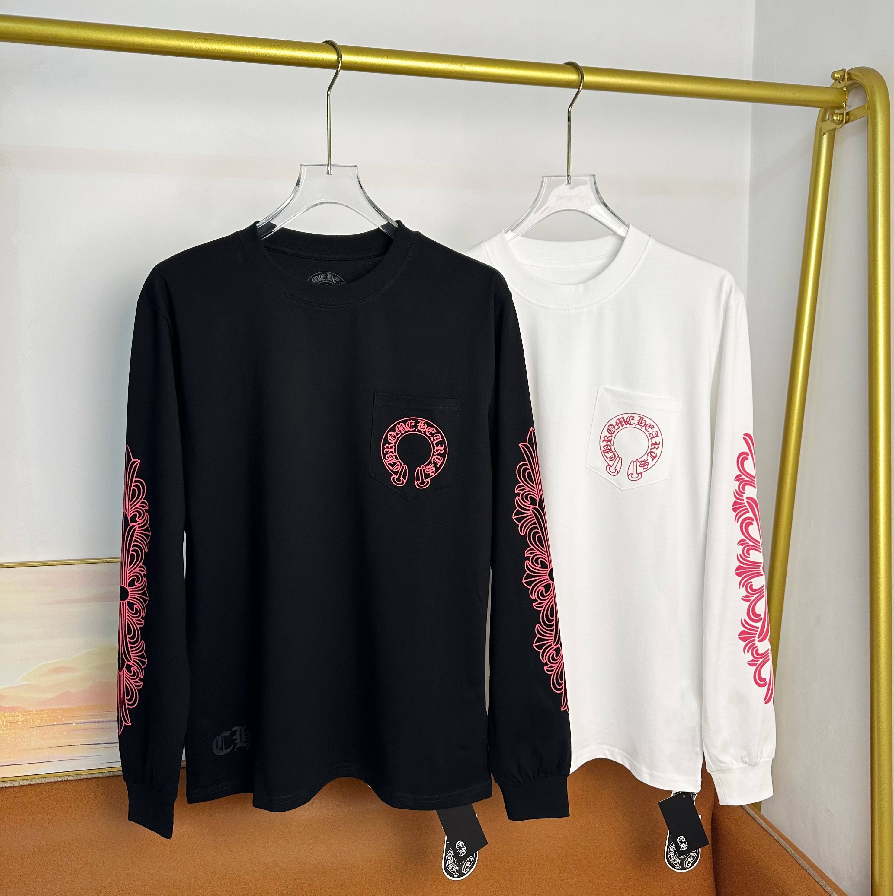 Black long-sleeve T-shirt with red logo graphic on chest