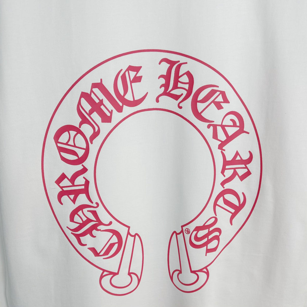 Red circular logo graphic on white long-sleeve T-shirt