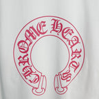 Red circular logo graphic on white long-sleeve T-shirt