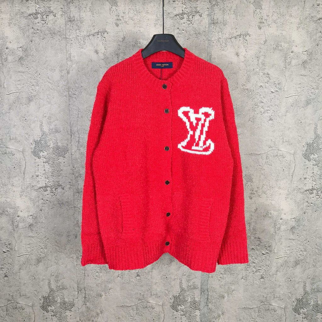 Red long-sleeve knit cardigan with button front and white monogram LV graphic