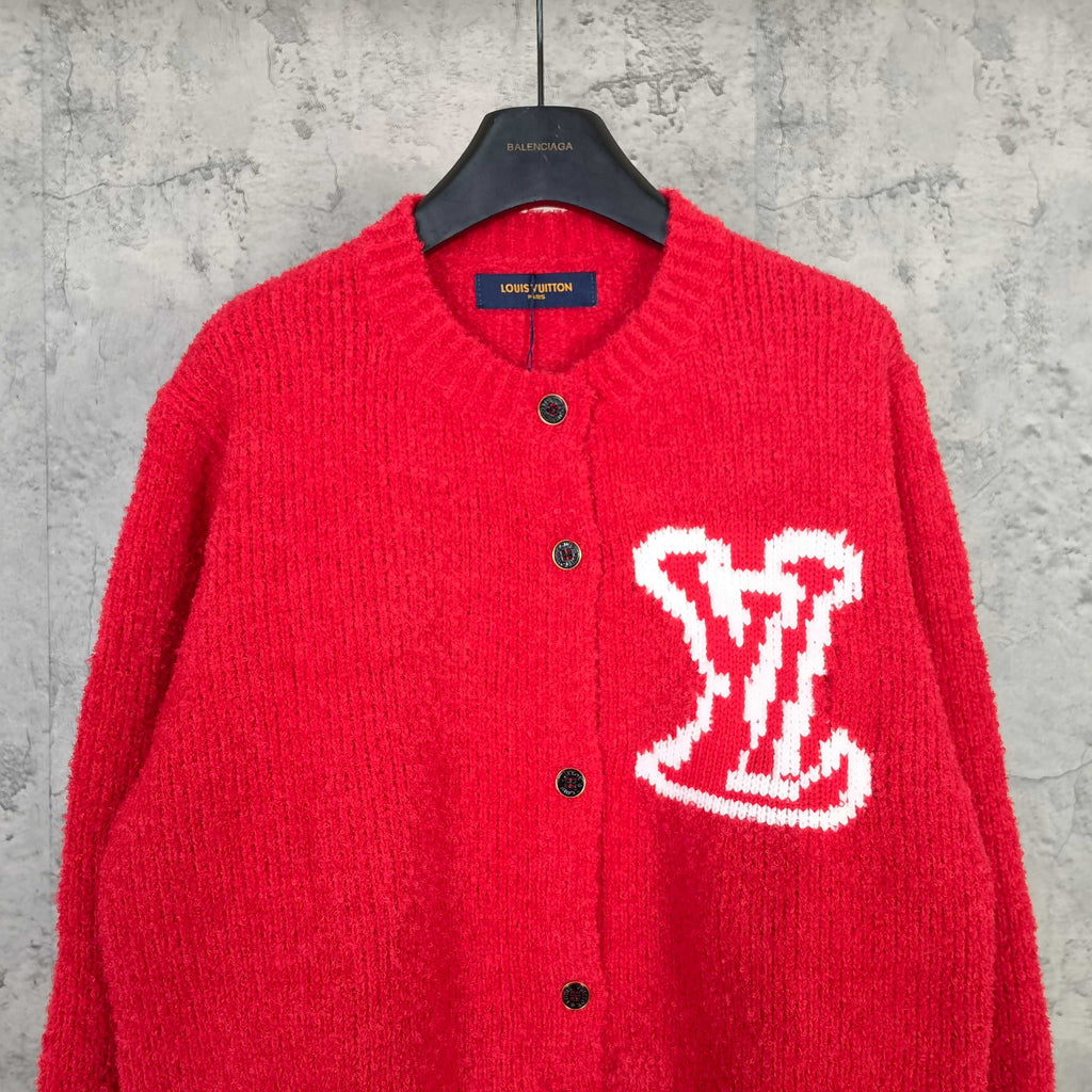 Red knit cardigan with button front and large white LV monogram on chest
