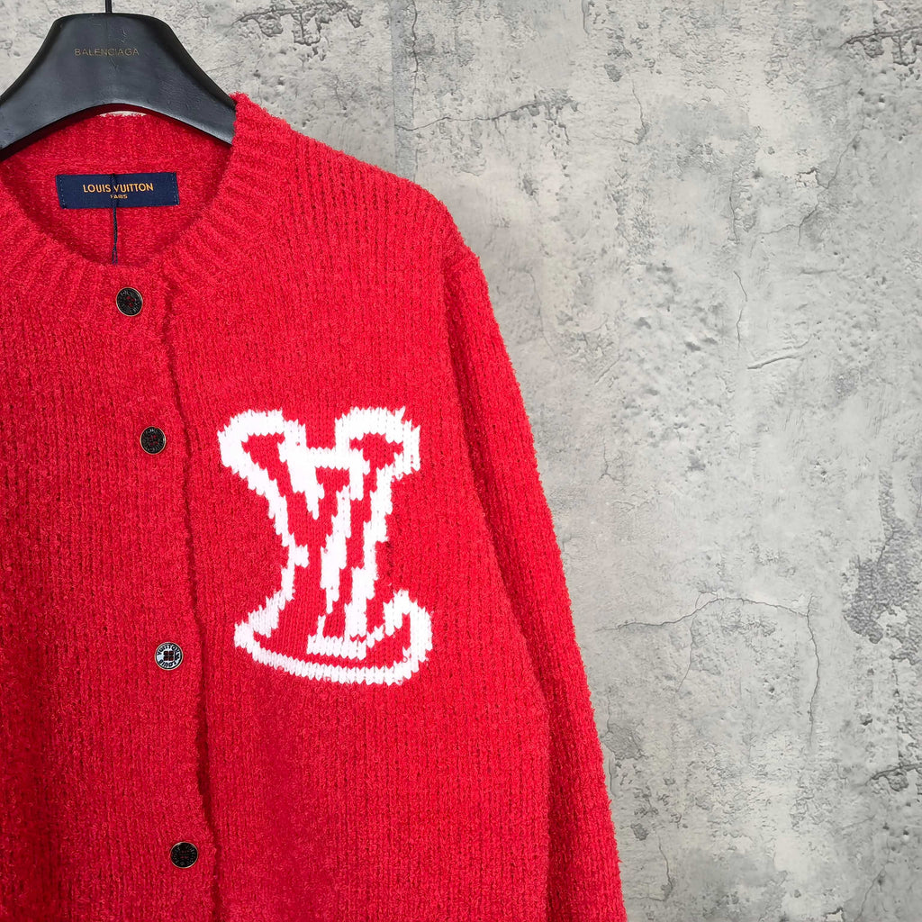 Red knit cardigan with button front and white LV monogram detail