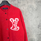 Red knit cardigan with button front and white LV monogram detail