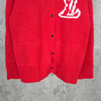 Red knit cardigan hem with button placket visible, straight silhouette