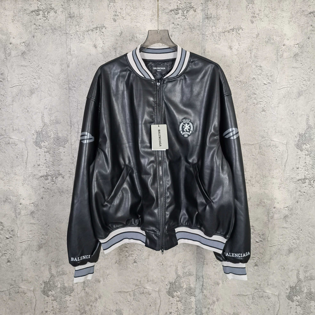 Balenciaga long-sleeve leather bomber jacket with front zipper and striped rib trim