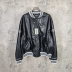 Balenciaga long-sleeve leather bomber jacket with front zipper and striped rib trim