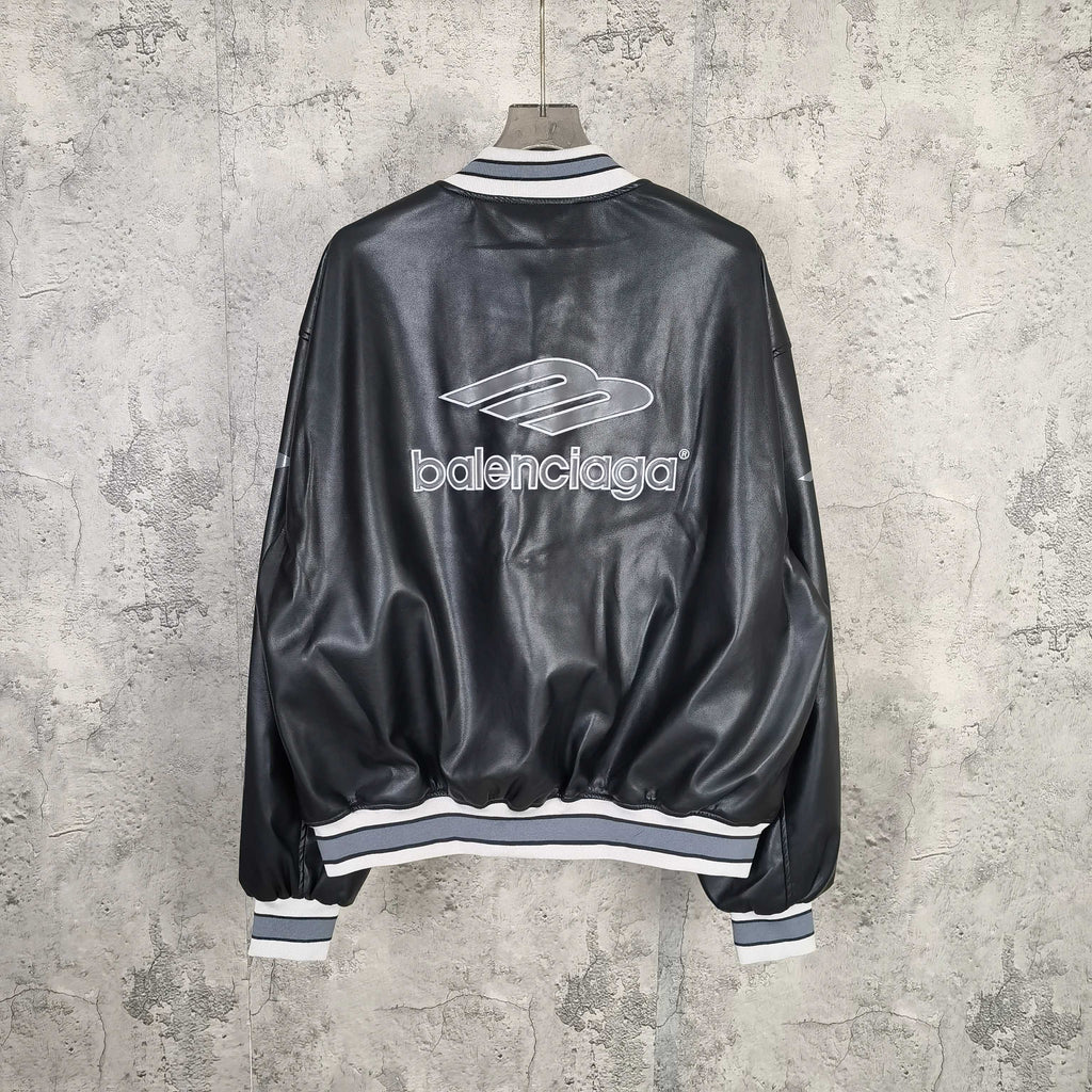 Balenciaga leather bomber jacket, back view with large balenciaga logo and rib trim