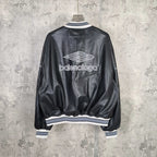 Balenciaga leather bomber jacket, back view with large balenciaga logo and rib trim