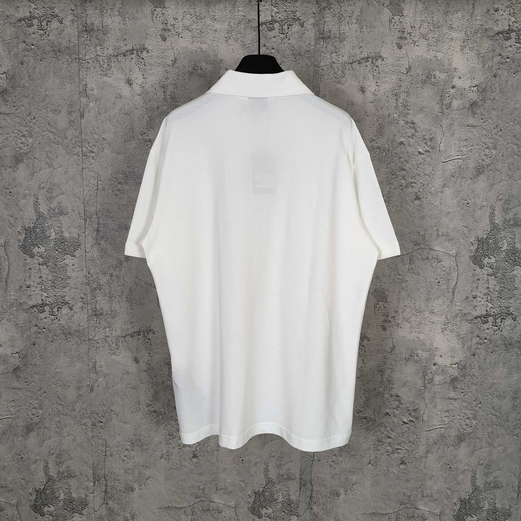 Balenciaga white polo shirt with short sleeves, plain back view on hanger