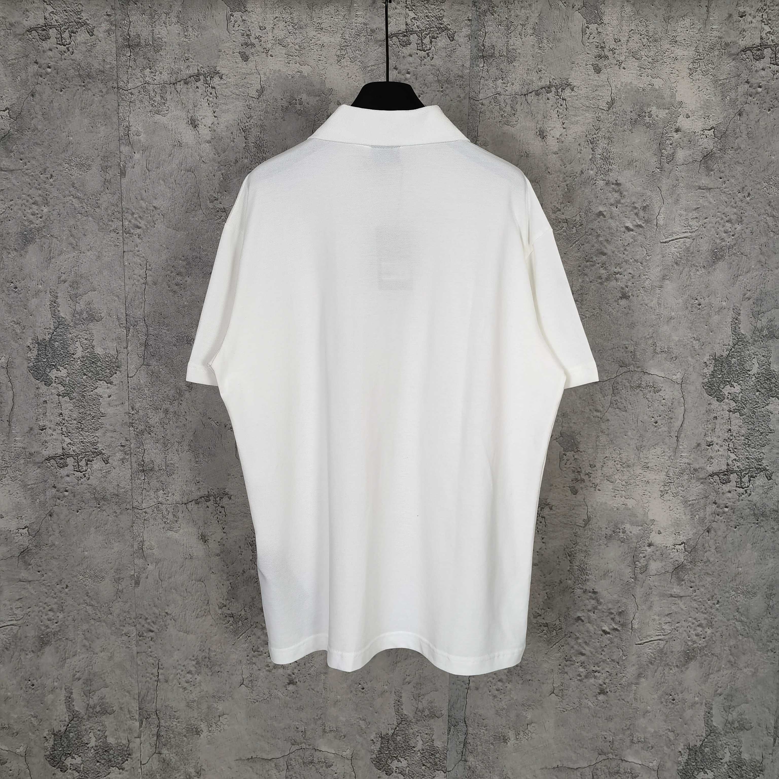 Balenciaga white polo shirt with short sleeves, plain back view on hanger