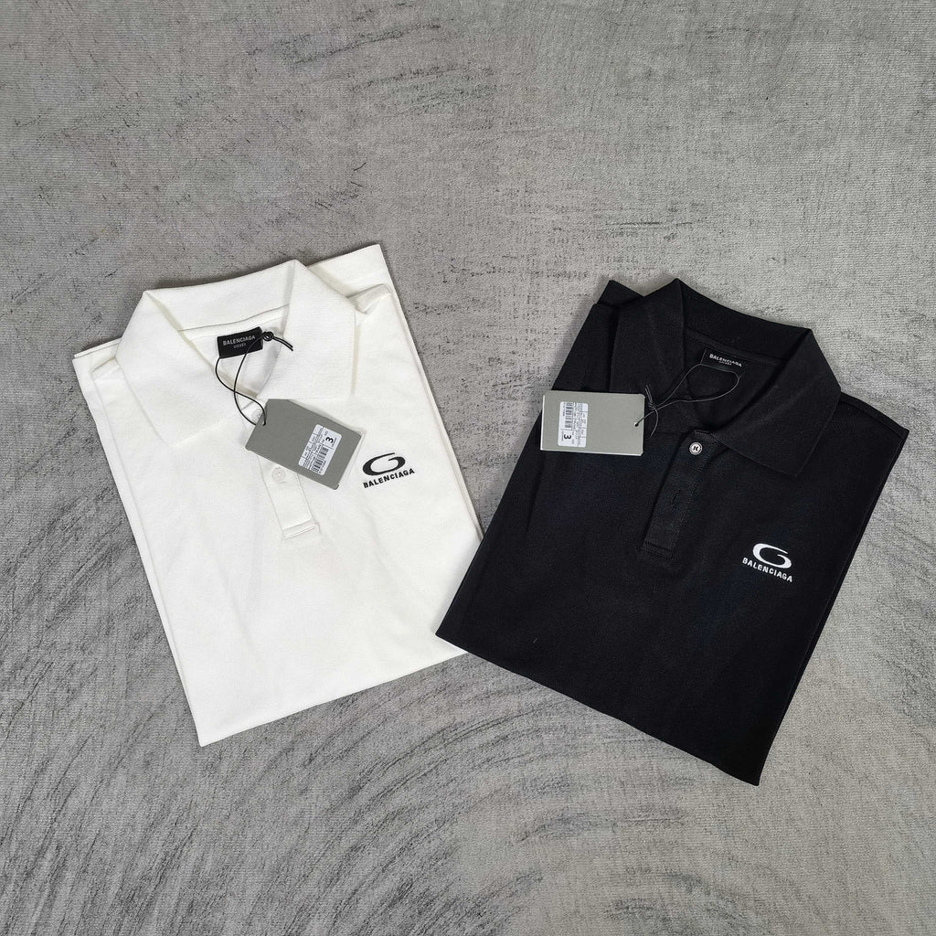 Balenciaga polo shirts set: white and dark, short sleeves, chest logo