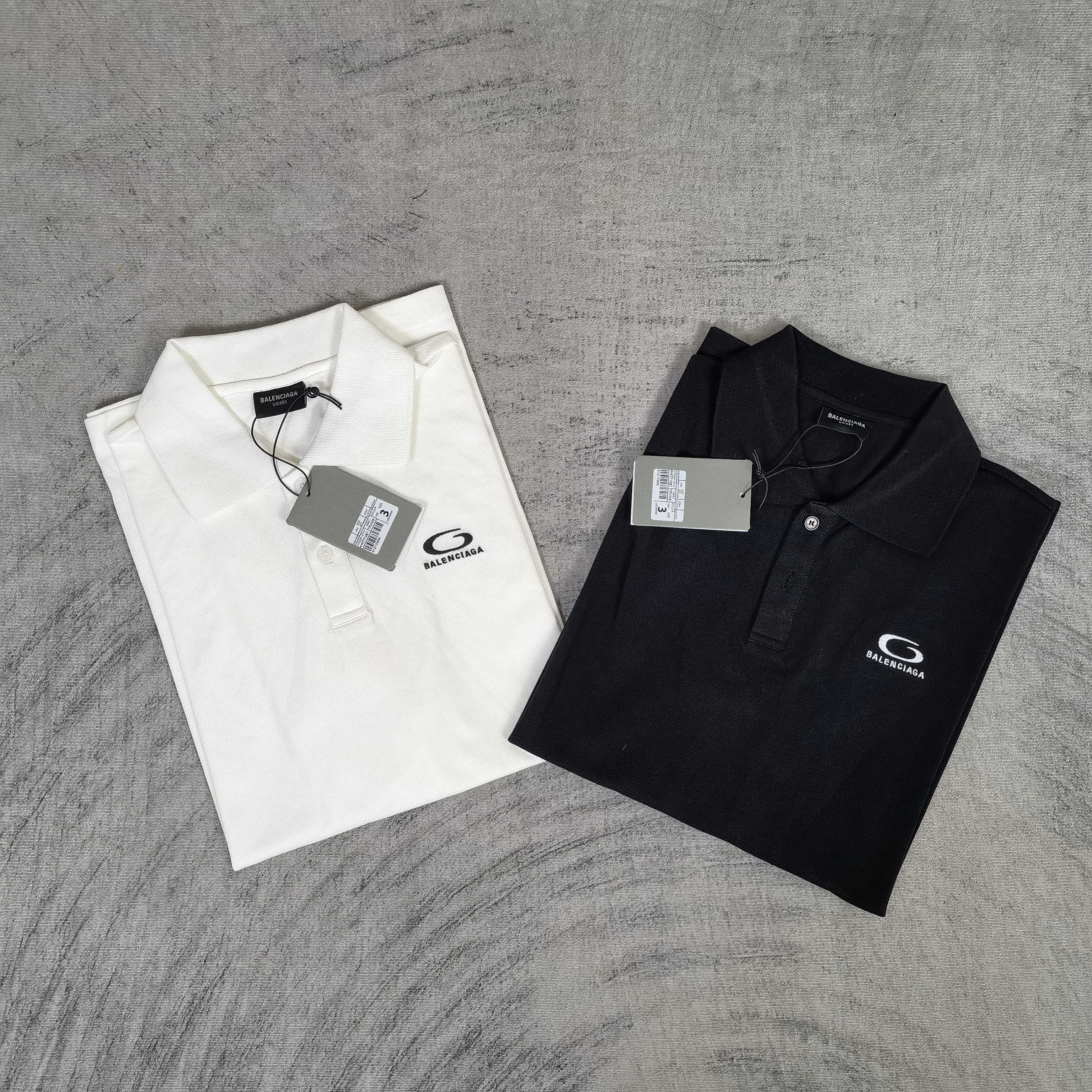 Balenciaga polo shirts set: white and dark, short sleeves, chest logo