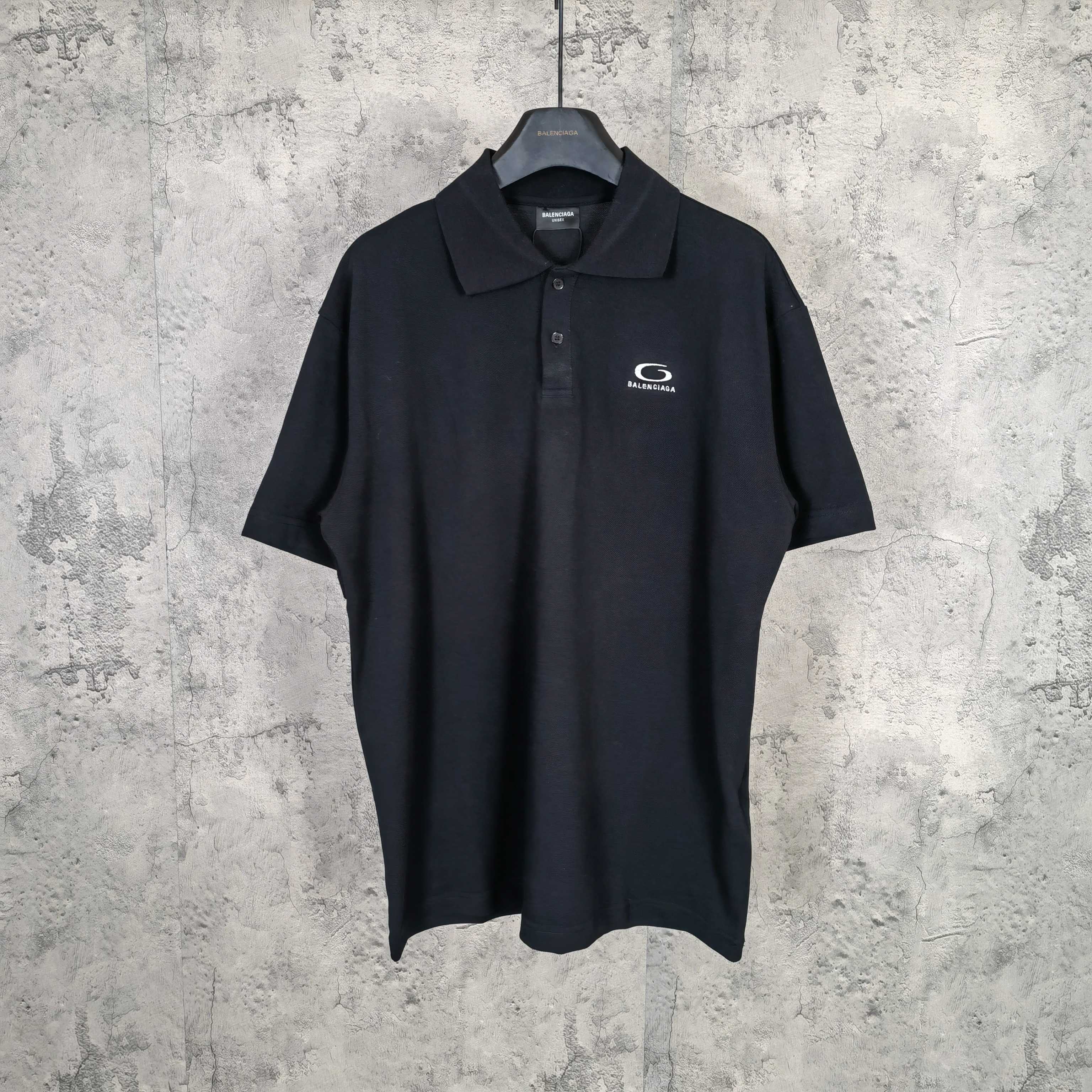 Balenciaga polo shirt, dark color, short sleeves, button placket, chest logo