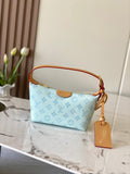 Louis Vuitton light blue monogram handbag with tan trim, top zip, and charm tag