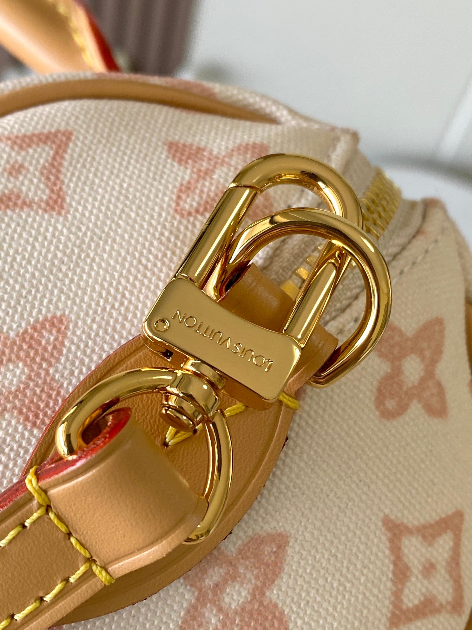 Gold buckle and strap hardware on monogram handbag with tan leather trim