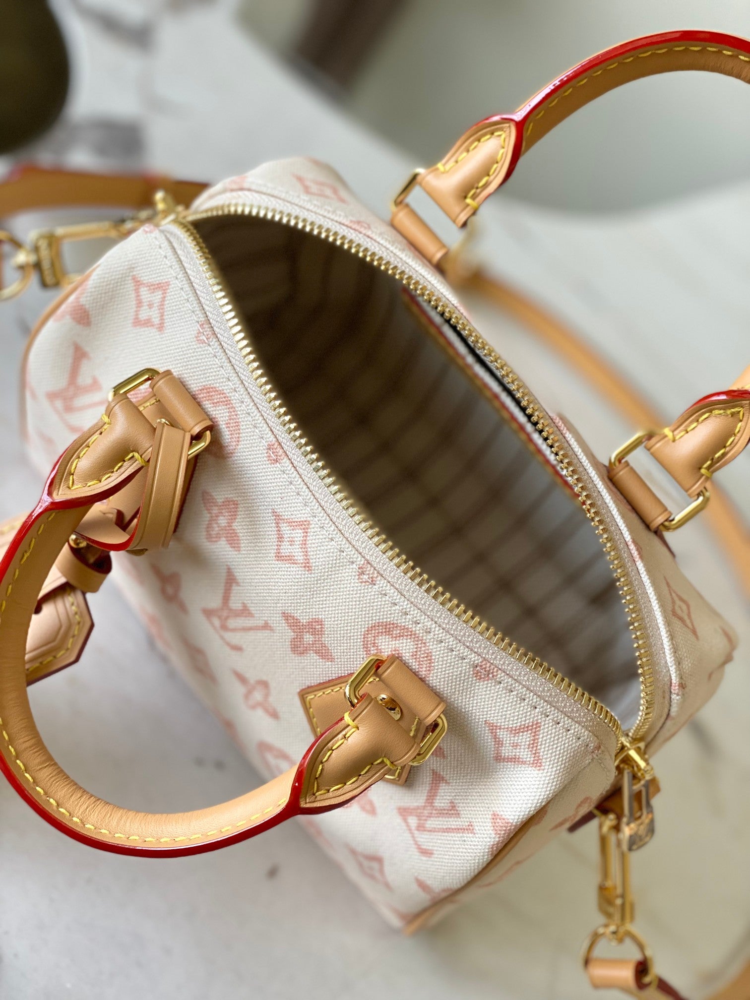 Monogram handbag interior view with zip pocket and tan leather trim, gold lining
