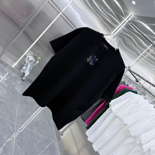 Black crew-neck T-shirt on hanger with blue-and-white chest graphic