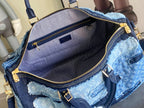 Blue patchwork denim bag interior with navy zip pocket and striped lining