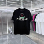 Black short-sleeve Moncler logo T-shirt with crest graphic on front