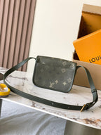 Louis Vuitton crossbody bag with dark green monogram print and front flap with leather trim