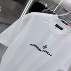 White short-sleeve T-shirt close-up of neckline and chest graphic