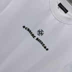 White short-sleeve T-shirt close-up of chest graphic text and flower emblem
