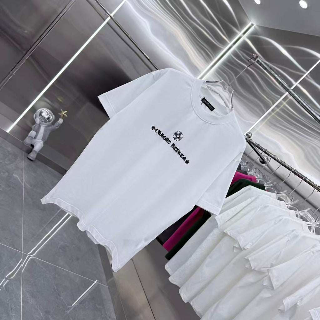 White short-sleeve T-shirt laid flat, chest graphic logo